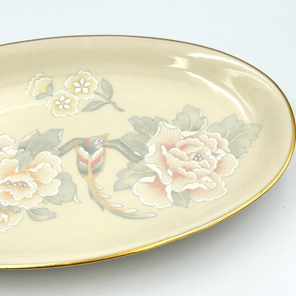 VTG Lenox Floral Bird Oval Serving Platter Cream Gold Trim Chinoiserie USA 9.5in - Picture 2 of 11